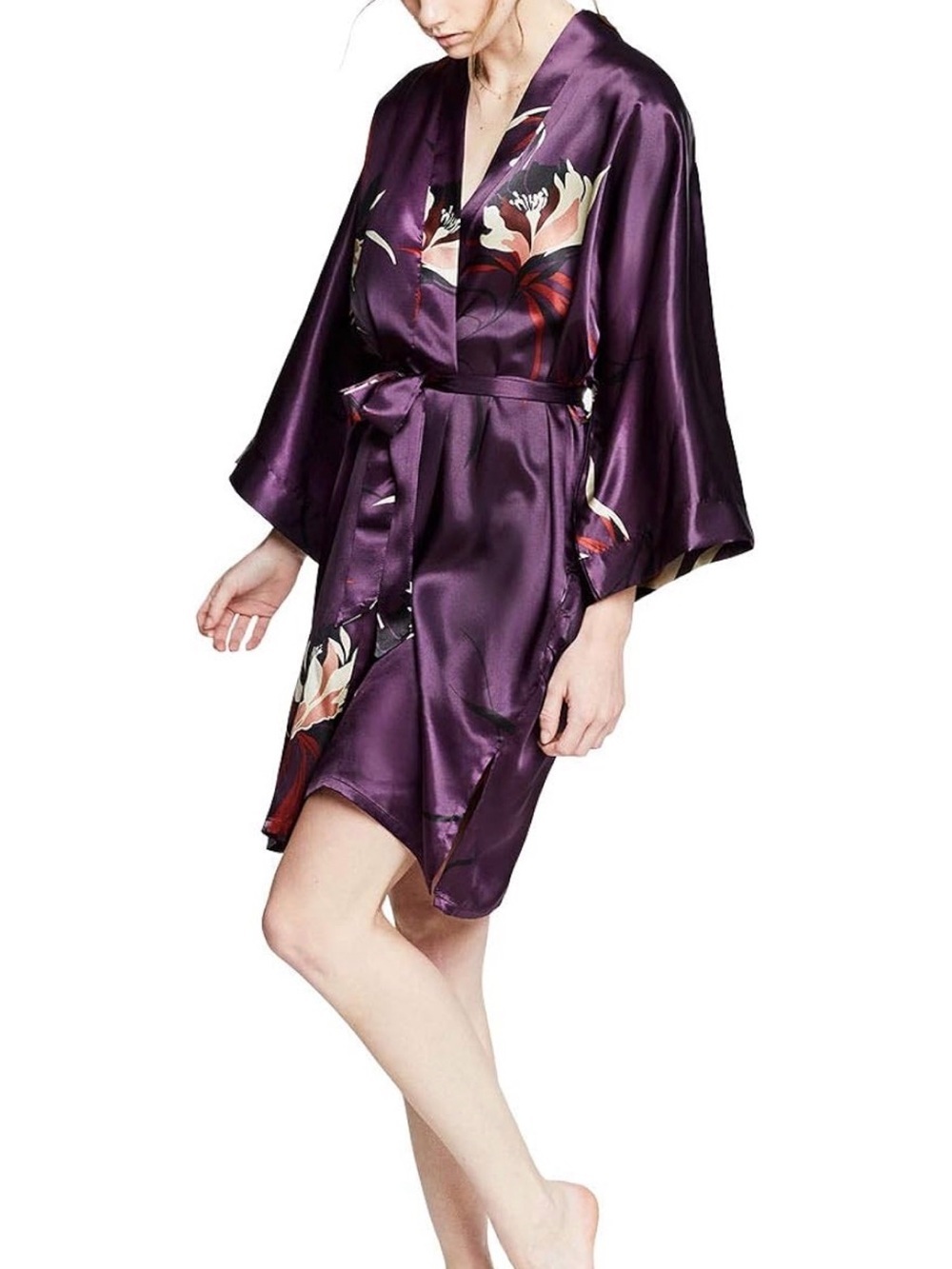 Floral Satin Kimono Robe in Purple